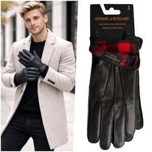 Stewart of Scotland Mens Black Leather Gloves Plaid Fleece Lining Small